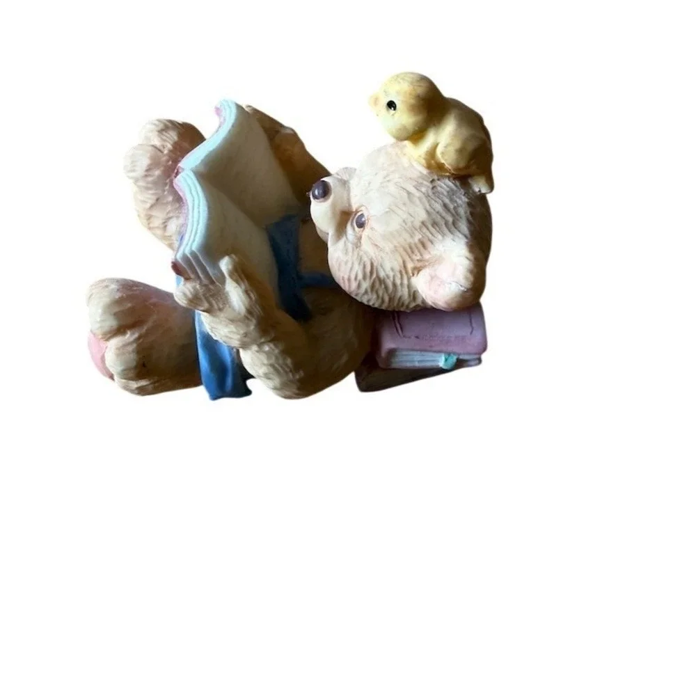 Cherished Teddies Mini Teddy Bear Figurine‎ Reading Book with Bird 2.5in